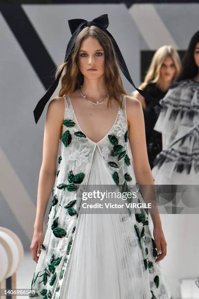 Model walks the runway during the Chanel Haute Couture Fall/Winter 2022-2023 fashion show as part of the Paris Haute Couture Week on July 5, 2022 in...