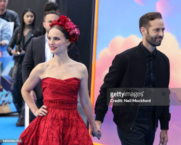Natalie Portman and Benjamin Millepied attend the UK Gala screening of "Thor: Love and Thunder" on July 05, 2022 in London, England.