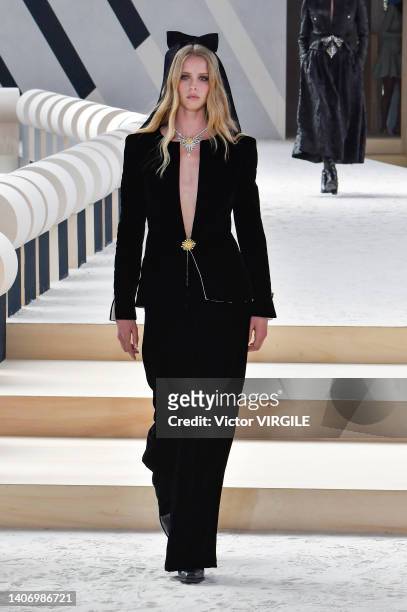 Model walks the runway during the Chanel Haute Couture Fall/Winter 2022-2023 fashion show as part of the Paris Haute Couture Week on July 5, 2022 in...