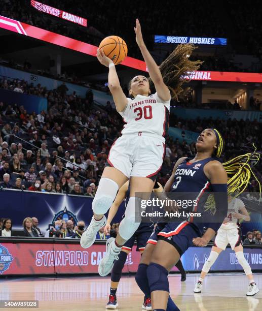 Haley Jones of the Stanford Cardinal against the Connecticut Huskies in the semi-final game of the 2022 NCAA Women's Basketball Tournament at Target...