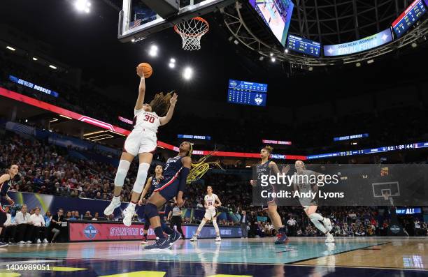 Haley Jones of the Stanford Cardinal against the Connecticut Huskies in the semi-final game of the 2022 NCAA Women's Basketball Tournament at Target...