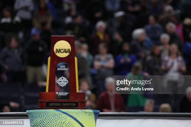 The championship trophy after the South Carolina Gamecocks against the Connecticut Huskies in the championship game of the 2022 NCAA Women's...