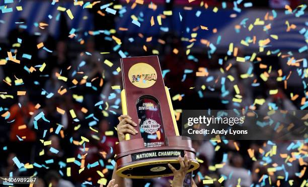 The championship trophy after the South Carolina Gamecocks against the Connecticut Huskies in the championship game of the 2022 NCAA Women's...