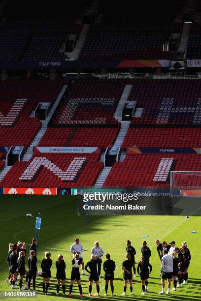 England team huddle during the UEFA Women's Euro England 2022 England Press Conference And Training Session at Old Trafford on July 05, 2022 in...