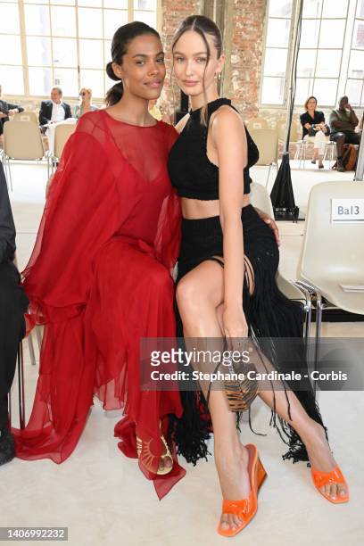 Tina Kunakey and Kristina Romanova attend the Alexandre Vauthier Haute Couture Fall Winter 2022 2023 show as part of Paris Fashion Week on July 05,...