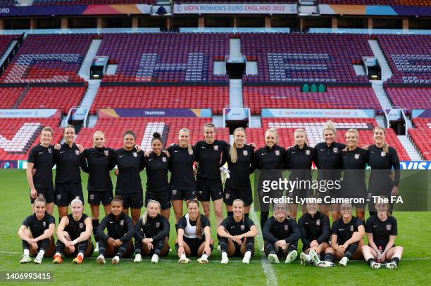 Players of England pose for a photograph during the UEFA Women's Euro England 2022 England Press Conference And Training Session at Old Trafford on...
