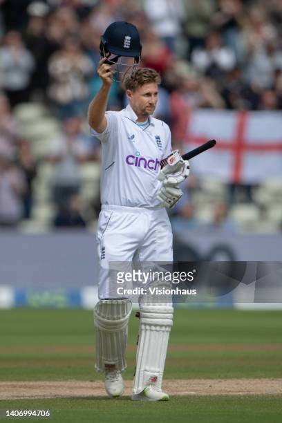 Joe Root of England celebrates his century during day five of the Fifth LV= Insurance Test Match between England and India at Edgbaston on July 5,...
