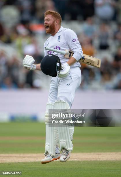 Jonathan Bairstow of England celebrates the winning runs during day five of the Fifth LV= Insurance Test Match between England and India at Edgbaston...