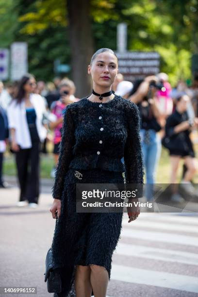 Sophia Roe seen wearing black dress, bag, white black shoes, sunglasses outside Chanel Paris Fashion Week - Haute Couture Fall Winter 2022 2023 : Day...