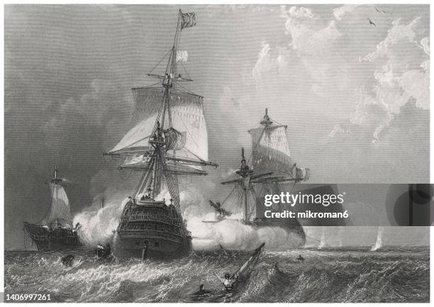 old engraved illustration of sea fight - vintage sailor stock pictures, royalty-free photos & images