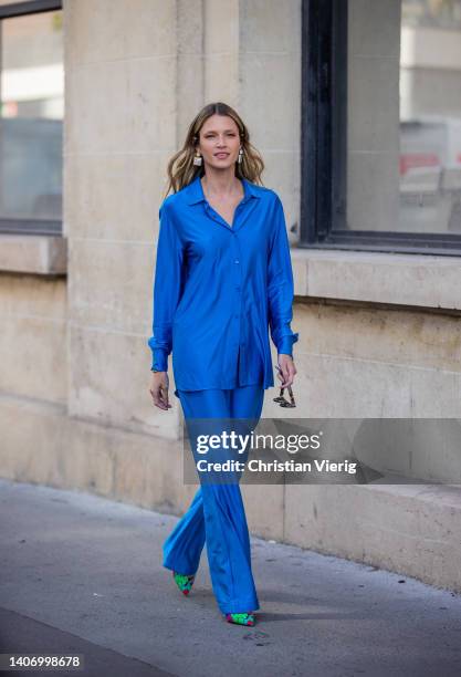 Helena Bordon is seen wearing blue silk button shirt, pants, heels, sunglasses, earrings outside Alexandre Vauthier Paris Fashion Week - Haute...