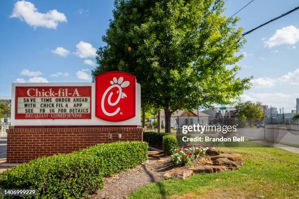 Chick-fil-A restaurant sign is seen on July 05, 2022 in Houston, Texas. According to an annual survey produced by the American Customer Satisfaction...