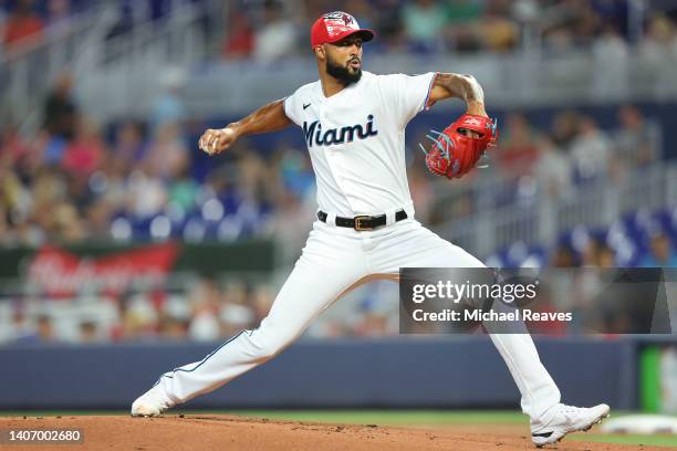 Sandy Alcantara of the Miami Marlins delivers a pitch against the Los Angeles Angels during the first inning at loanDepot park on July 05, 2022 in...