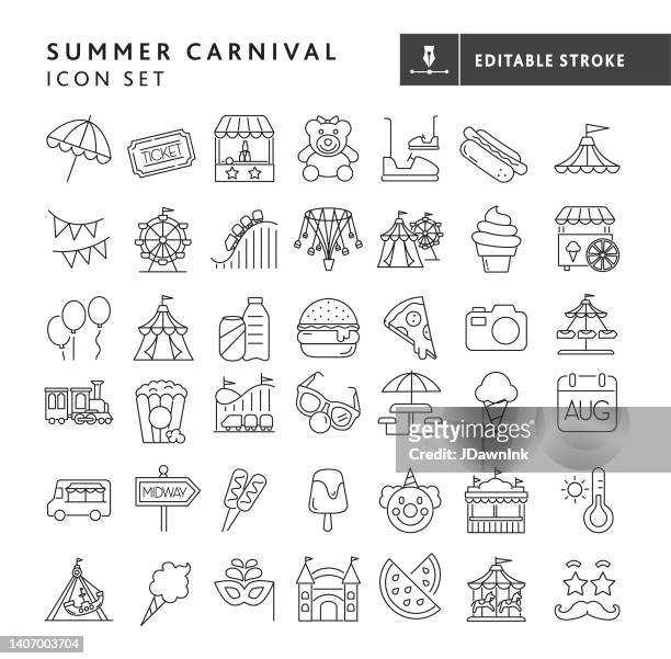 ilustraciones, imágenes clip art, dibujos animados e iconos de stock de carnaval de verano con noria, carpa de carnaval y elementos de globo de línea delgada conjunto de iconos - trazo editable - traveling carnival