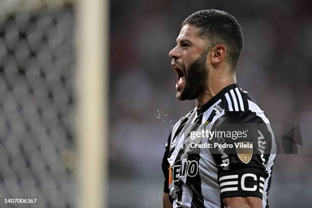 Hulk of Atletico Mineiro celebrates after scoring the first goal of his team during a Copa Libertadores round of sixteen second leg match between...