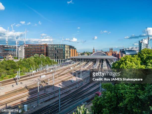 london from drone perspective, above st pancras international station - roy james shakespeare stock pictures, royalty-free photos & images