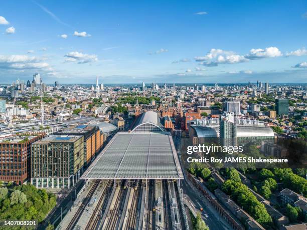london from drone perspective, above st pancras international station - roy james shakespeare stock pictures, royalty-free photos & images
