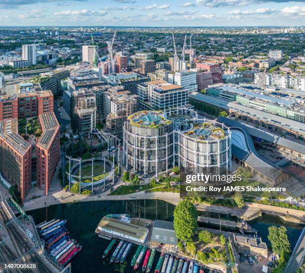 london from drone perspective, looking over the regenerated area of kings cross and st pancras - roy james shakespeare stock pictures, royalty-free photos & images