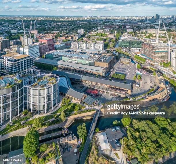 london from drone perspective, looking over the regenerated area of kings cross and st pancras - roy james shakespeare stock pictures, royalty-free photos & images