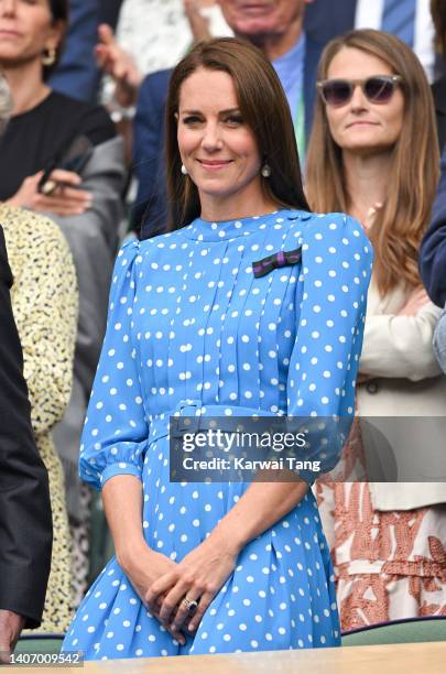 Catherine, Duchess of Cambridge attends day 9 of the Wimbledon Tennis Championships with Prince William, Duke of Cambridge at All England Lawn Tennis...