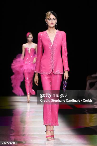 Model walks the runway during the Giorgio Armani Prive Haute Couture Fall Winter 2022 2023 show as part of Paris Fashion Week on July 05, 2022 in...