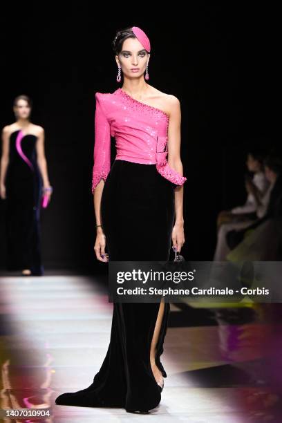 Model walks the runway during the Giorgio Armani Prive Haute Couture Fall Winter 2022 2023 show as part of Paris Fashion Week on July 05, 2022 in...