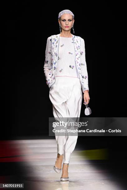 Model walks the runway during the Giorgio Armani Prive Haute Couture Fall Winter 2022 2023 show as part of Paris Fashion Week on July 05, 2022 in...