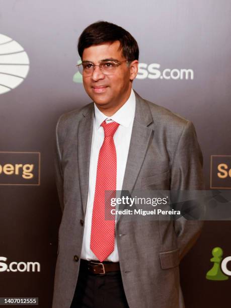 Indian chess grandmaster and a five-time world chess champion Viswanathan Anand poses at the photo call before the 2022 FIDE Chess Candidates...