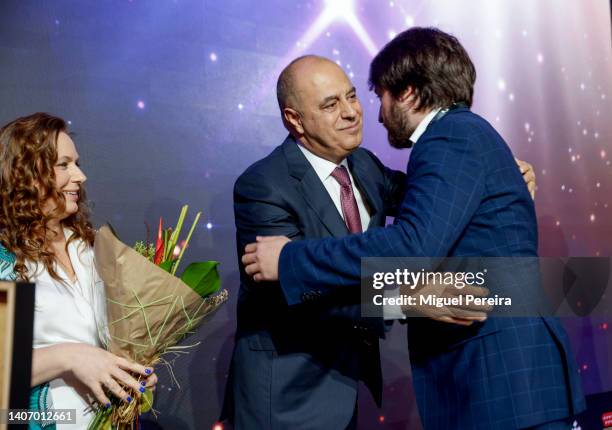 Hungarian chess grandmaster Judit Polgár and FIDE Vice President Mahir Mammedov congratulate Grandmaster Teimour Radjabov of Azerbaiyán during the...