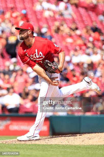 Hunter Strickland of the Cincinnati Reds throws a pitch in the game against the Atlanta Braves at Great American Ball Park on July 03, 2022 in...