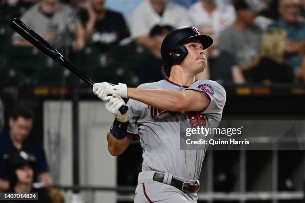 Max Kepler of the Minnesota Twins hits a home run in the third inning against the Chicago White Sox at Guaranteed Rate Field on July 05, 2022 in...