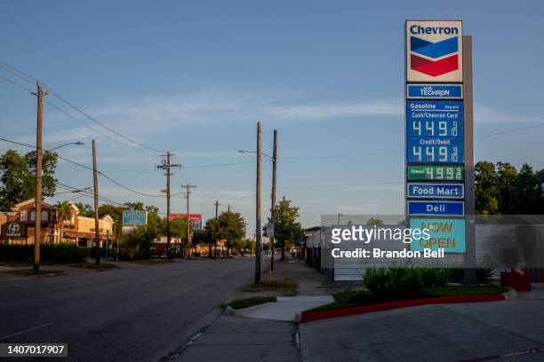 Chevron gas station sign is seen on July 05, 2022 in Houston, Texas. Gasoline prices in Houston and around the country have fallen for three...