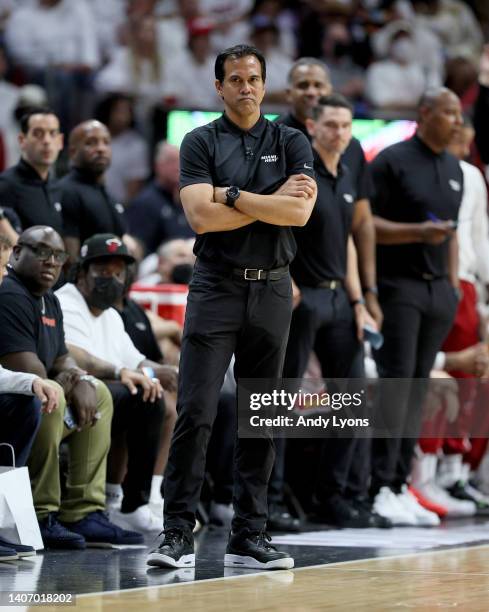 Eric Spoelstra the head coach of the Miami Heat against the Boston Celtics during game seven of the Eastern Conference Final at FTX Arena on May 29,...