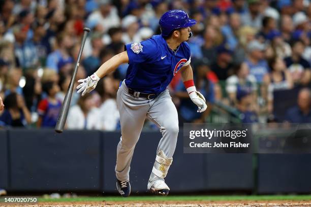 Seiya Suzuki of the Chicago Cubs hits a two run homer in the fifth inning against the Milwaukee Brewers at American Family Field on July 05, 2022 in...