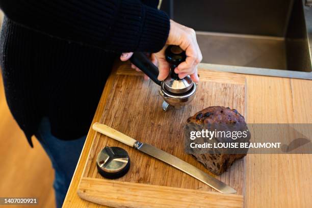 making coffee and fruit bread - raisin toast stock pictures, royalty-free photos & images
