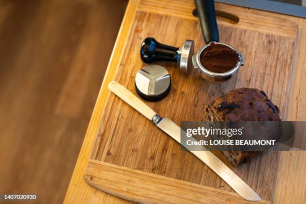 making coffee and fruit bread - raisin toast stock pictures, royalty-free photos & images