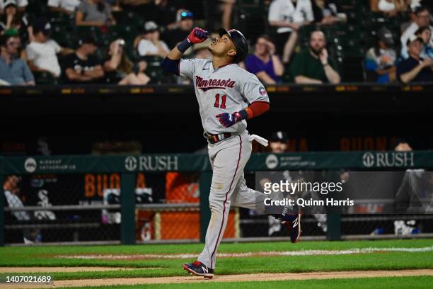 Jorge Polanco of the Minnesota Twins reacts after his two run home run in the fifth inning against the Chicago White Sox at Guaranteed Rate Field on...