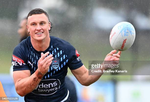 Jack Wighton passes the ball during a New South Wales Blues State of Origin training session at Les Burger Fields on July 06, 2022 in Kingscliff,...