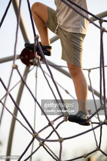 young boy climbing rope frame playground - tween heels stock pictures, royalty-free photos & images