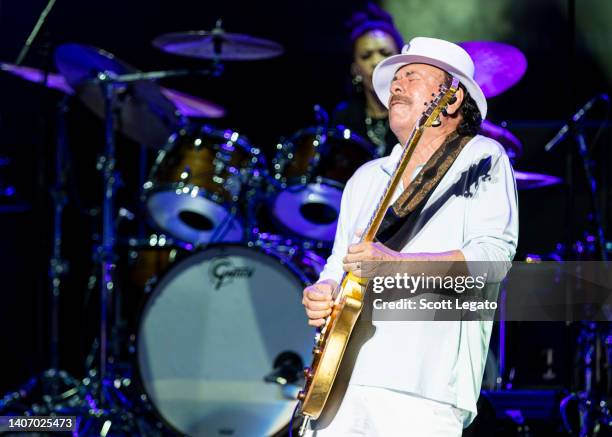 Carlos Santana of Santana performs at Pine Knob Music Theatre on July 05, 2022 in Clarkston, Michigan.