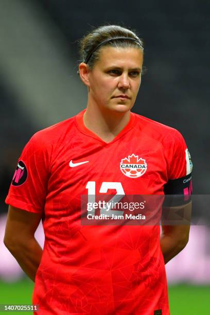 Christine Sinclair of Canada looks on prior to the match between Canada and Trinidad & Tobago as part of the 2022 Concacaf W Championship at BBVA...