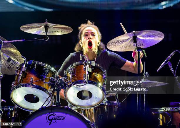 Drummer Cindy Blackman of Santana performs at Pine Knob Music Theatre on July 05, 2022 in Clarkston, Michigan.