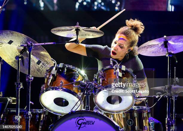 Drummer Cindy Blackman of Santana performs at Pine Knob Music Theatre on July 05, 2022 in Clarkston, Michigan.