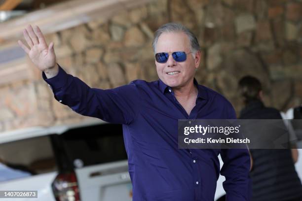 David Zaslav, President and CEO of Warner Bros. Discovery talks to the media as he arrives at the Sun Valley Resort for the Allen & Company Sun...