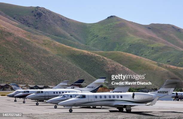 Private jets are seen on the tarmac at Friedman Memorial Airport ahead of the Allen & Company Sun Valley Conference, July 5, 2022 in Sun Valley,...