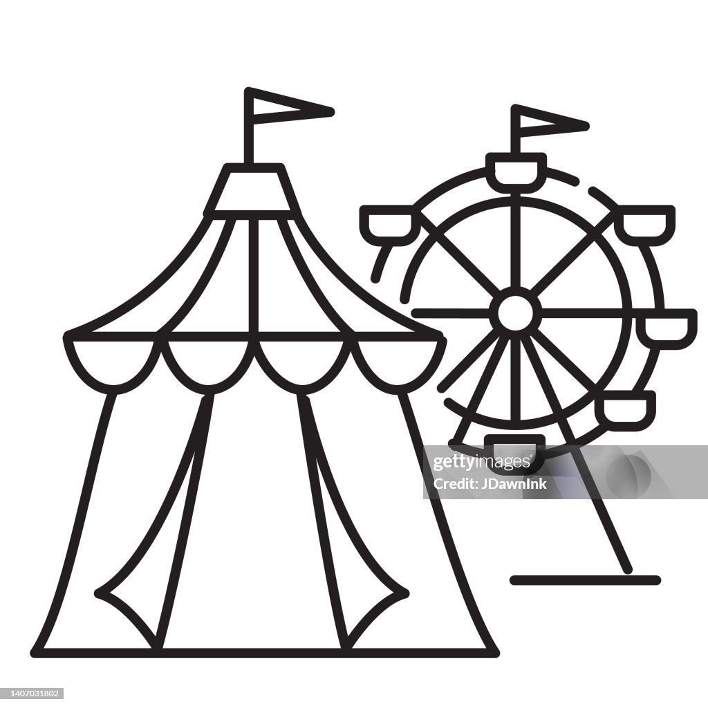 Carpa de circo grande y rueda de la noria icono de línea delgada del Carnaval de Verano - trazo editable sobre fondo blanco