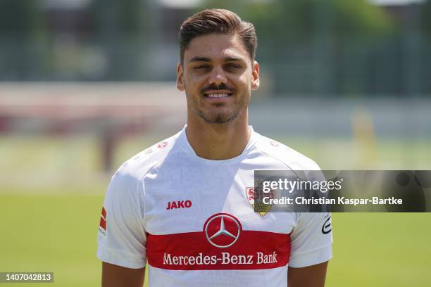 Konstantinos Mavropanos of VfB Stuttgart poses during the team presentation at Training ground of VfB Stuttgart on July 05, 2022 in Stuttgart,...