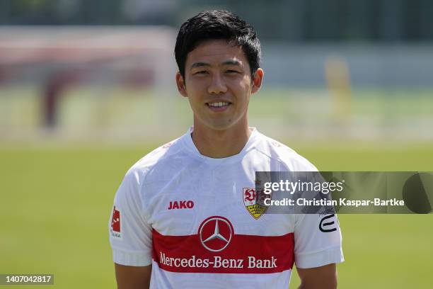 Wataru Endo of VfB Stuttgart poses during the team presentation at Training ground of VfB Stuttgart on July 05, 2022 in Stuttgart, Germany.