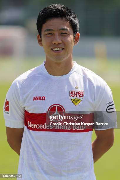 Wataru Endo of VfB Stuttgart poses during the team presentation at Training ground of VfB Stuttgart on July 05, 2022 in Stuttgart, Germany.