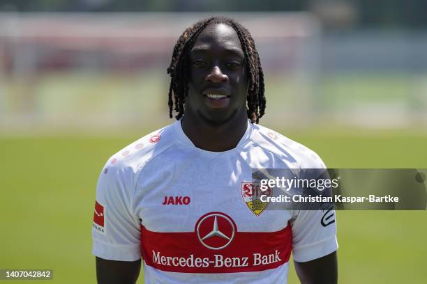 Tanguy Coulibaly of VfB Stuttgart poses during the team presentation at Training ground of VfB Stuttgart on July 05, 2022 in Stuttgart, Germany.